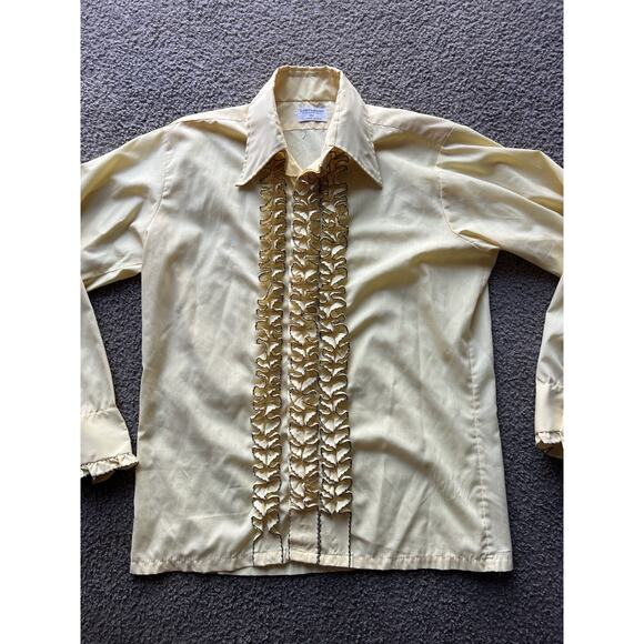 Vtg 70s Mens L&M Fashions Yellow ruffled tuxedo formal wedding dress shirt Sz M - Picture 2 of 7
